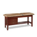 a classic medical table with shelf,  desert tan upholstery and dark cherry base color