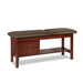 a classic medical table with shelf,  gunmetal upholstery and dark cherry base color