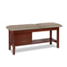 a classic medical table with shelf,  warm gray upholstery and dark cherry base color