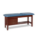 a classic medical table with shelf,  wedgewood upholstery and dark cherry base color