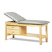 a classic medical table with shelf,  country mist upholstery and natural base color