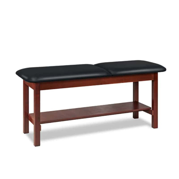 a classic medical table with shelf,  black upholstery and dark cherry base color