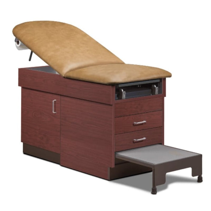 A medical examination table with drawers and patient step stool, desert tan upholstery and dark cherry base color