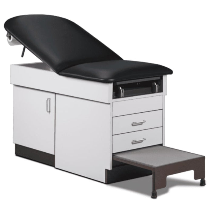 A medical examination table with drawers and patient step stool, black upholstery and gray base color